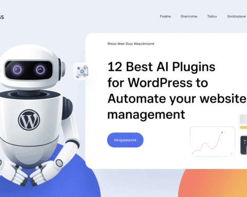 AI robot with WordPress logo, promoting automation plugins for WordPress sites.