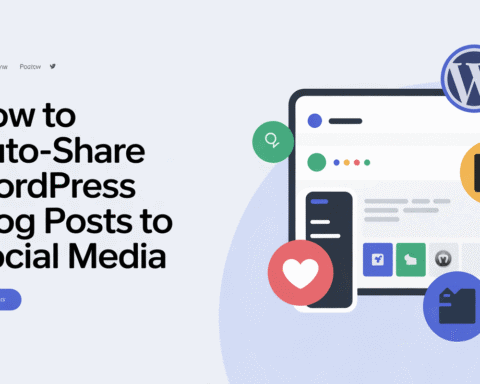 Illustration of a mobile device showing social media icons and WordPress logo for auto-sharing posts.