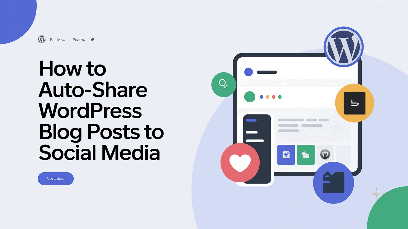 Illustration of a mobile device showing social media icons and WordPress logo for auto-sharing posts.