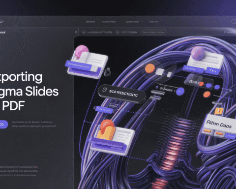 Figma interface showing export process of slides to PDF with digital graphics and flowcharts.