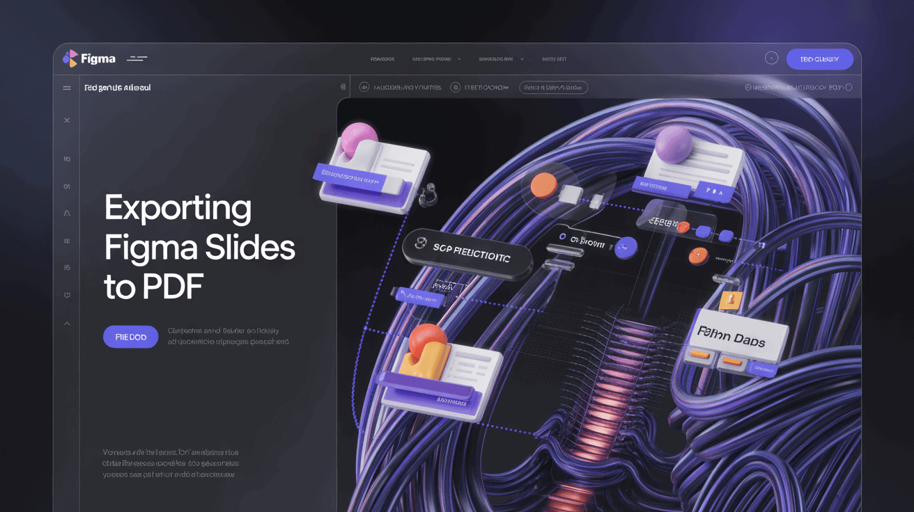 Figma interface showing export process of slides to PDF with digital graphics and flowcharts.