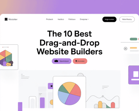 Drag-and-drop website builder interface with colorful charts and tools.