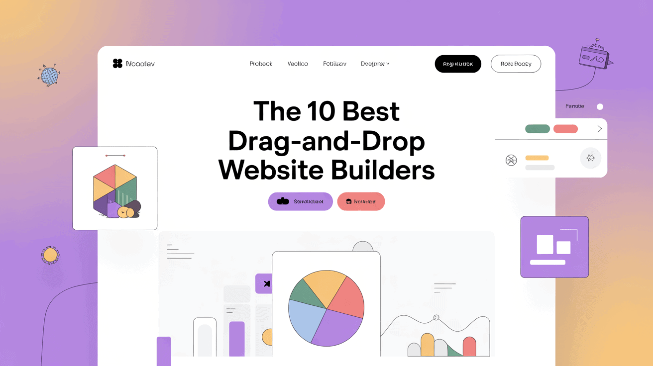 Drag-and-drop website builder interface with colorful charts and tools.