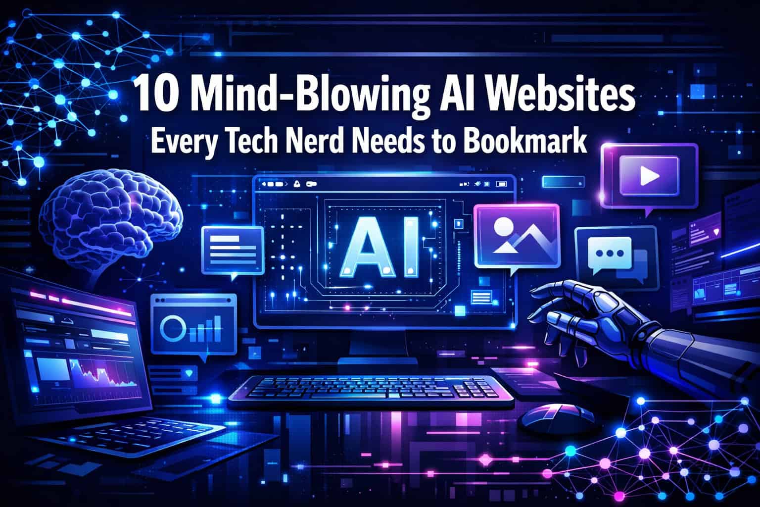 AI technology interface with futuristic digital elements and robotic hand.