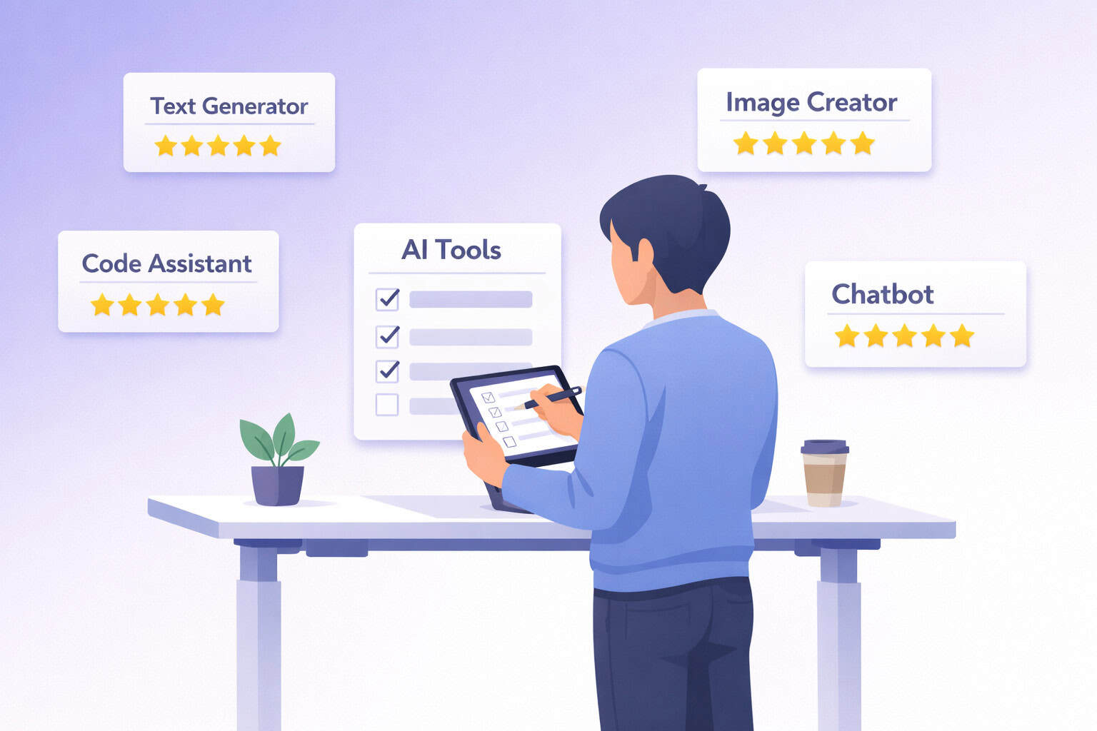 Clean editorial illustration of a person at a standing desk using a tablet to filter and select AI tools via a checklist