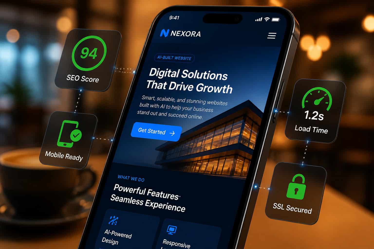 Mobile screen showing AI-powered website builder with SEO and speed features.