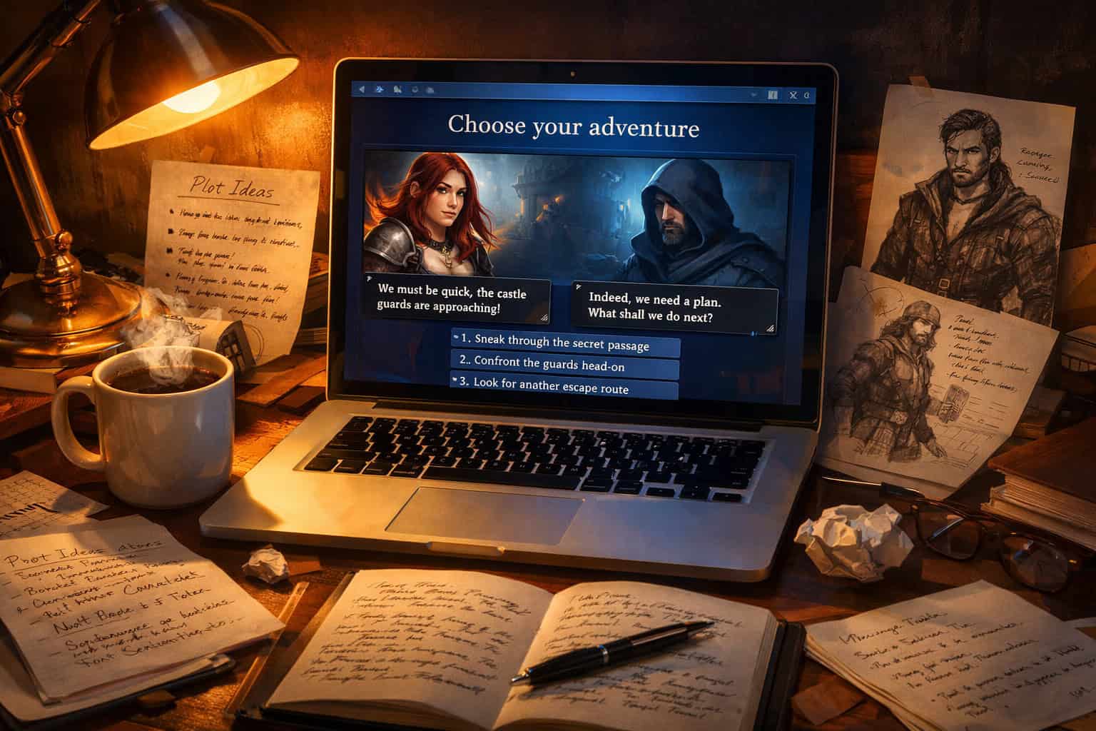 Close-up overhead shot of a writer's desk with a laptop screen showing an AI character roleplay interface mid-conversation,