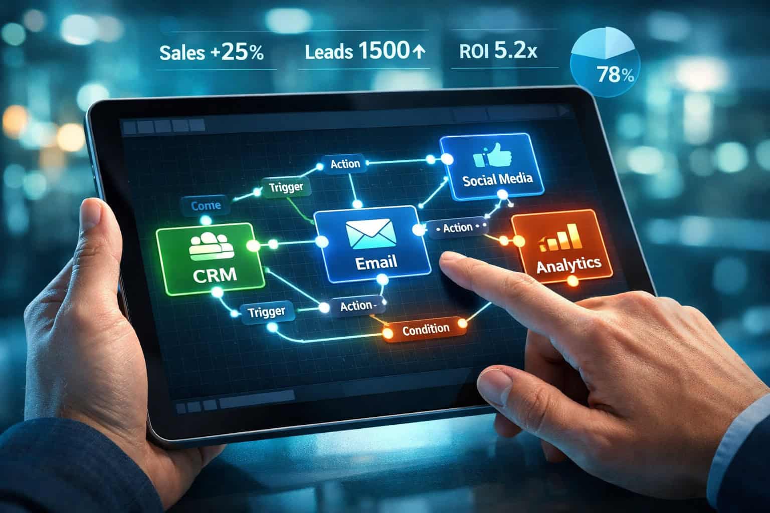 Close-up perspective of hands interacting with a tablet displaying a no-code AI workflow automation canvas with connected