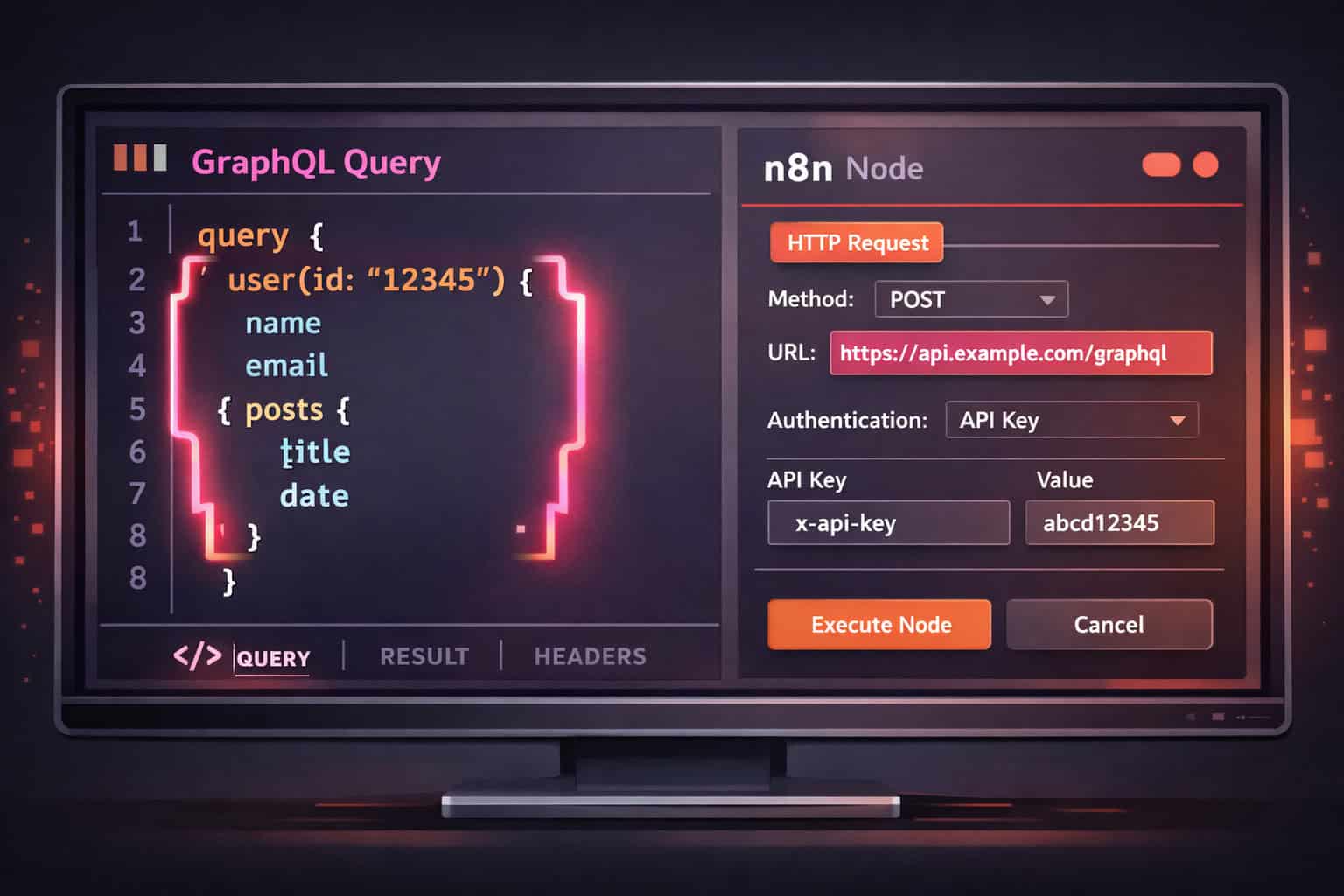 Close-up technical diagram showing GraphQL query structure with curly-brace syntax highlighted in a code editor,