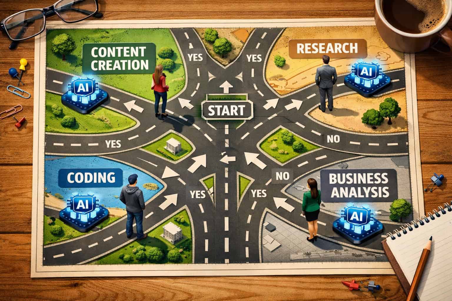 AI-driven decision paths for content creation, research, coding, and business analysis.