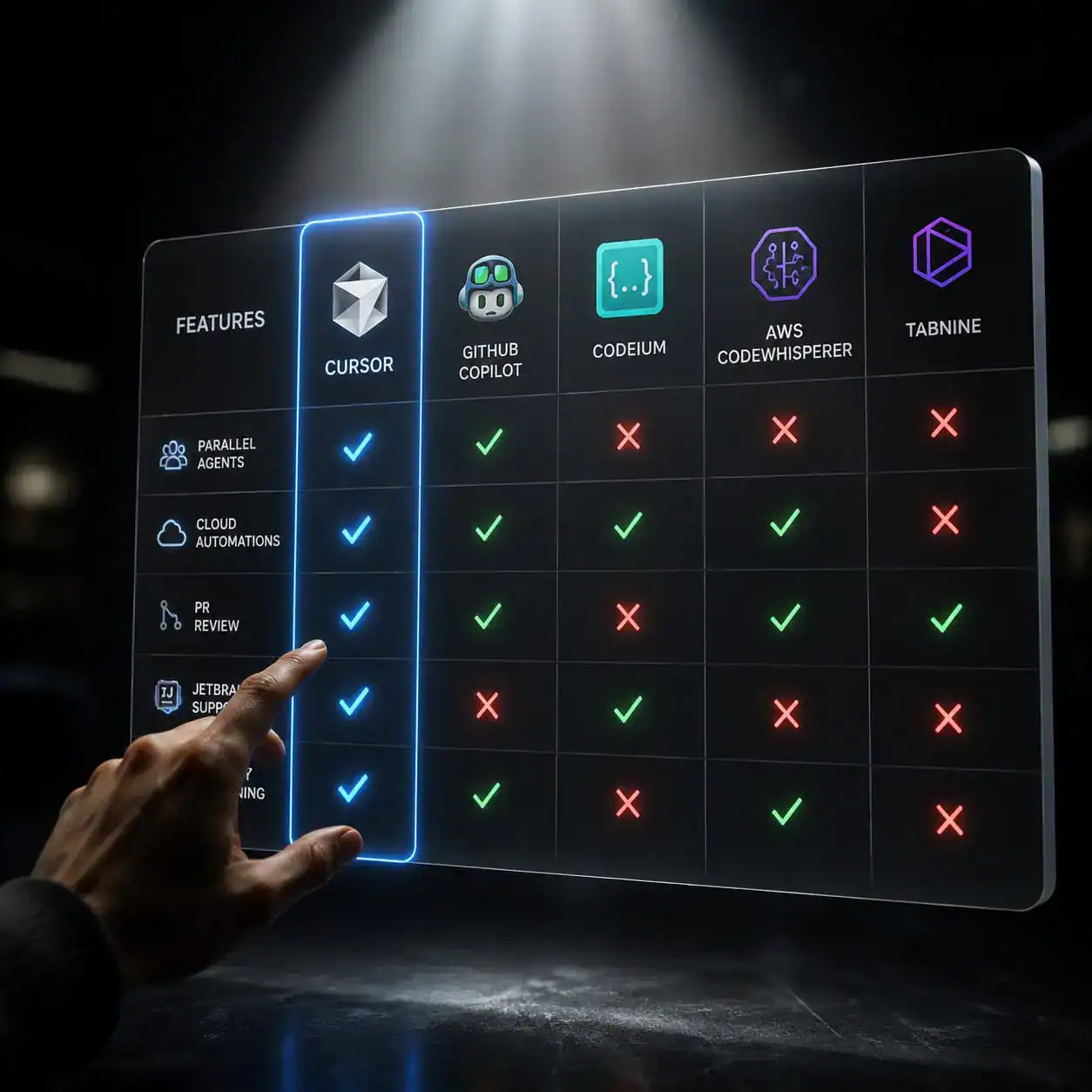 Detailed () comparison infographic table rendered as a physical 3D floating panel in space, showing Cursor AI vs GitHub