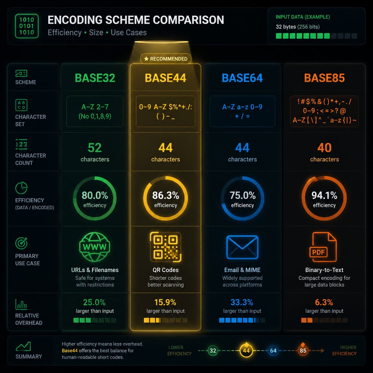 Detailed () comparison matrix visual showing encoding schemes (Base32, Base44, Base64, Base85) as four distinct columns on a