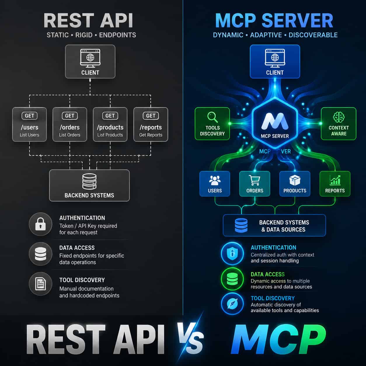 Detailed () comparison visual showing a split-screen layout: on the left side a traditional REST API workflow depicted as