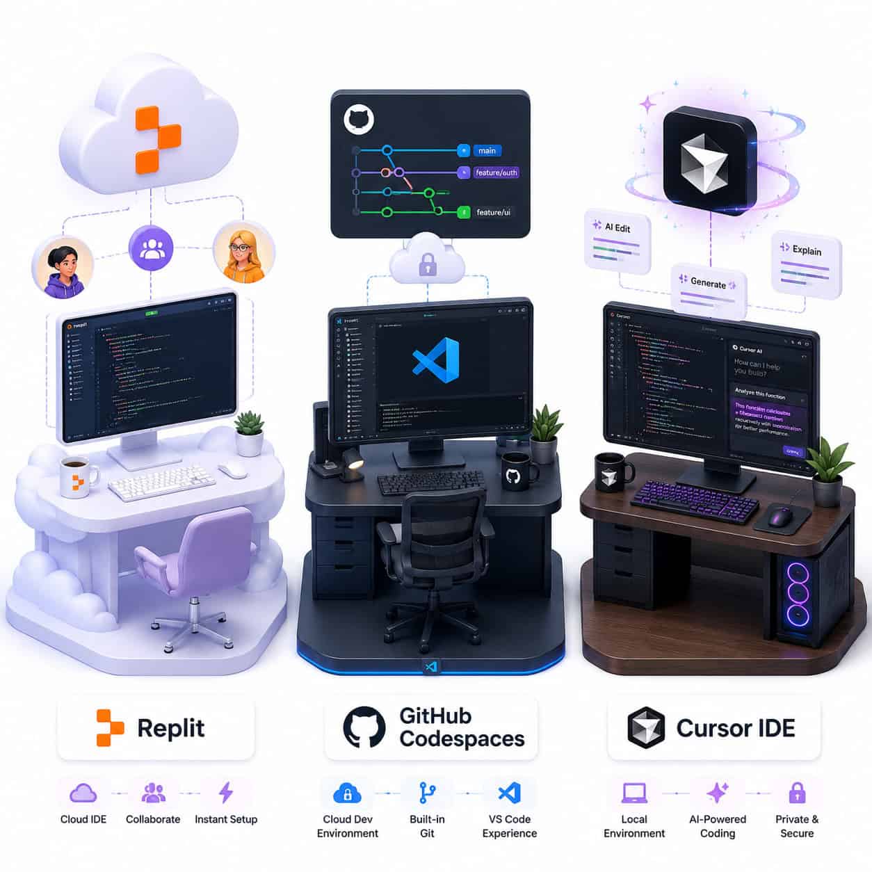 Detailed () conceptual comparison infographic showing three columns representing Replit, GitHub Codespaces, and Cursor IDE