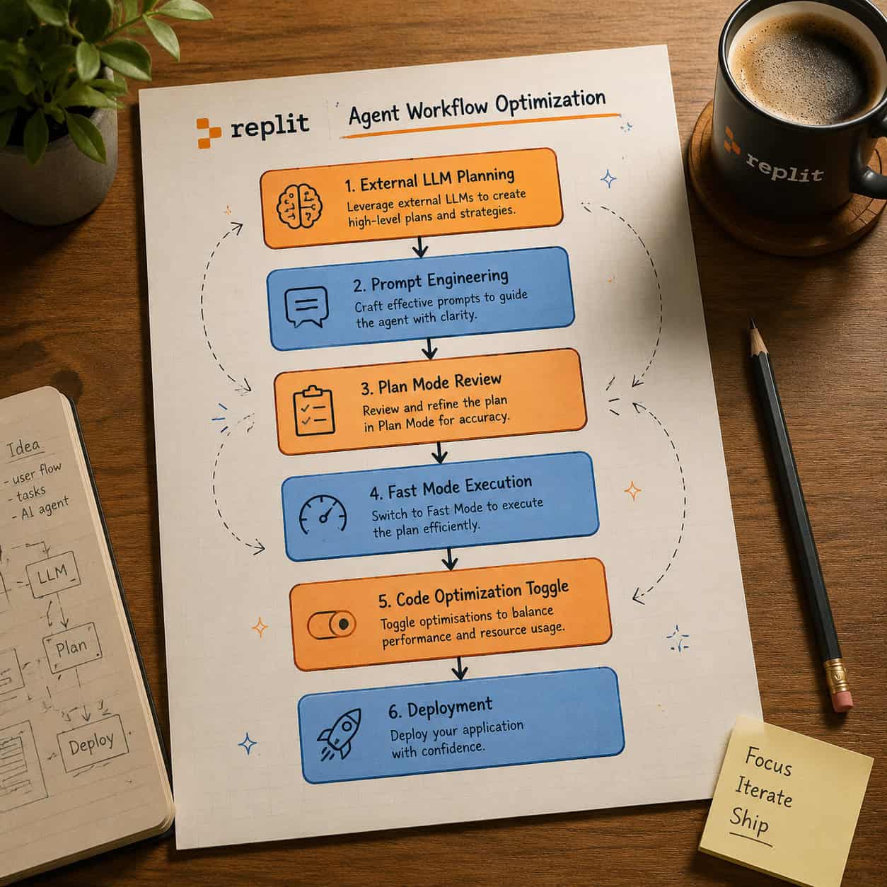 Detailed () conceptual diagram showing Replit Agent workflow optimization as a flowchart viewed from above on a designer's