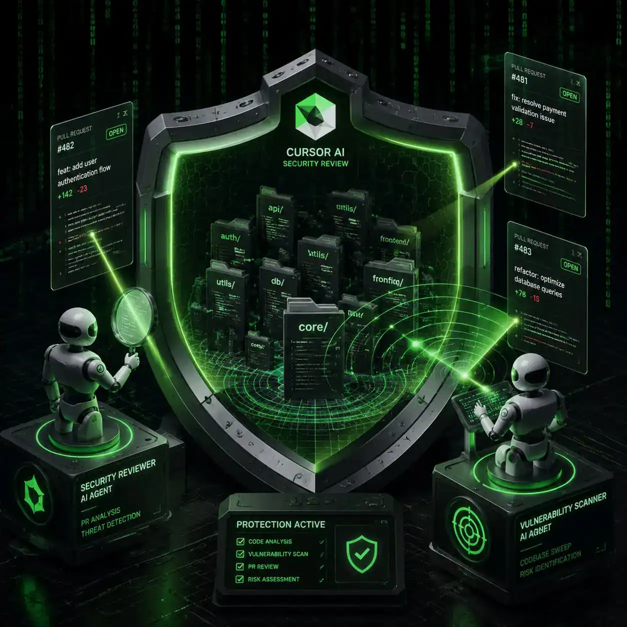 Detailed () conceptual illustration of Cursor AI security review system depicted as a protective shield surrounding a