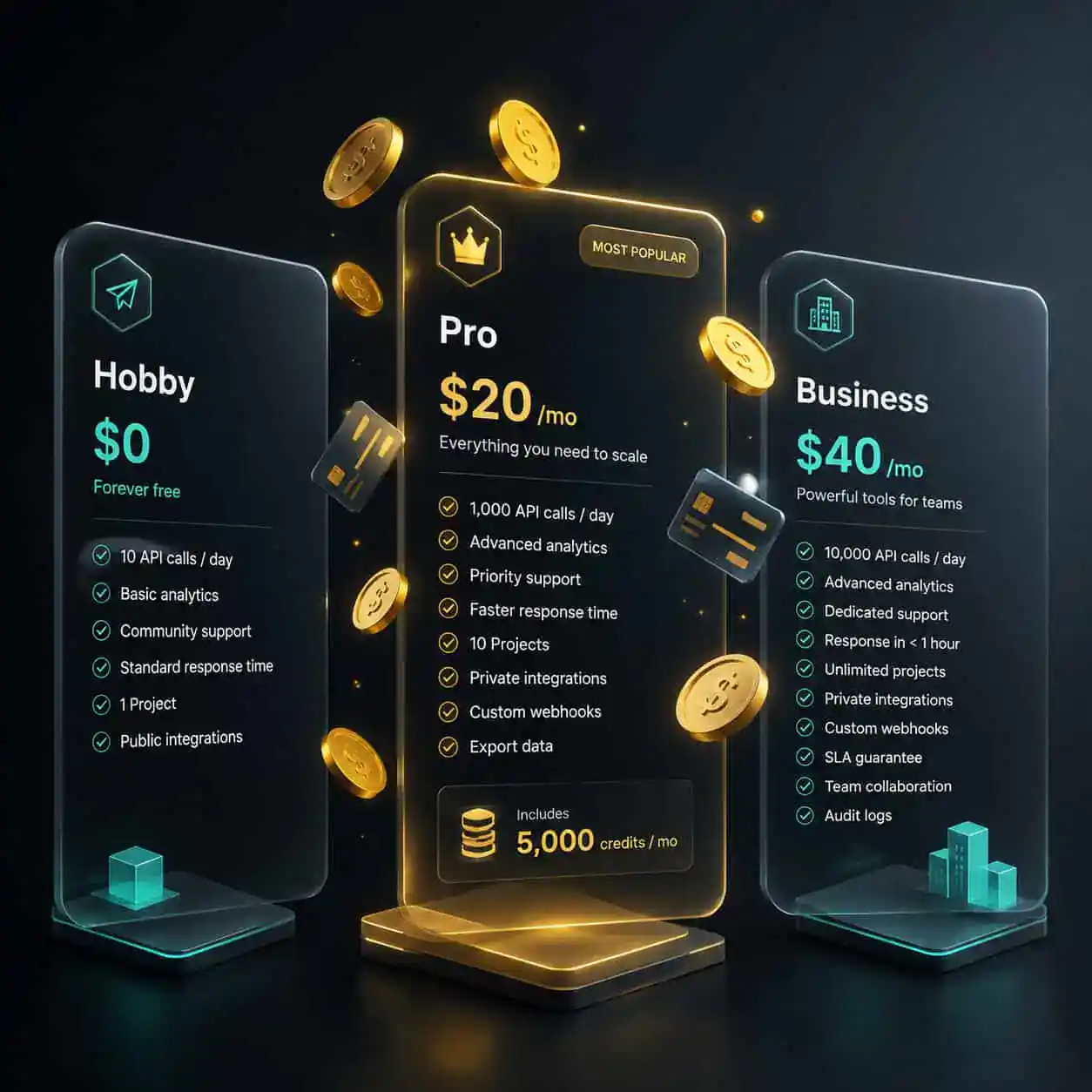 Detailed () conceptual illustration of a pricing tier comparison layout rendered as three floating glass cards against a