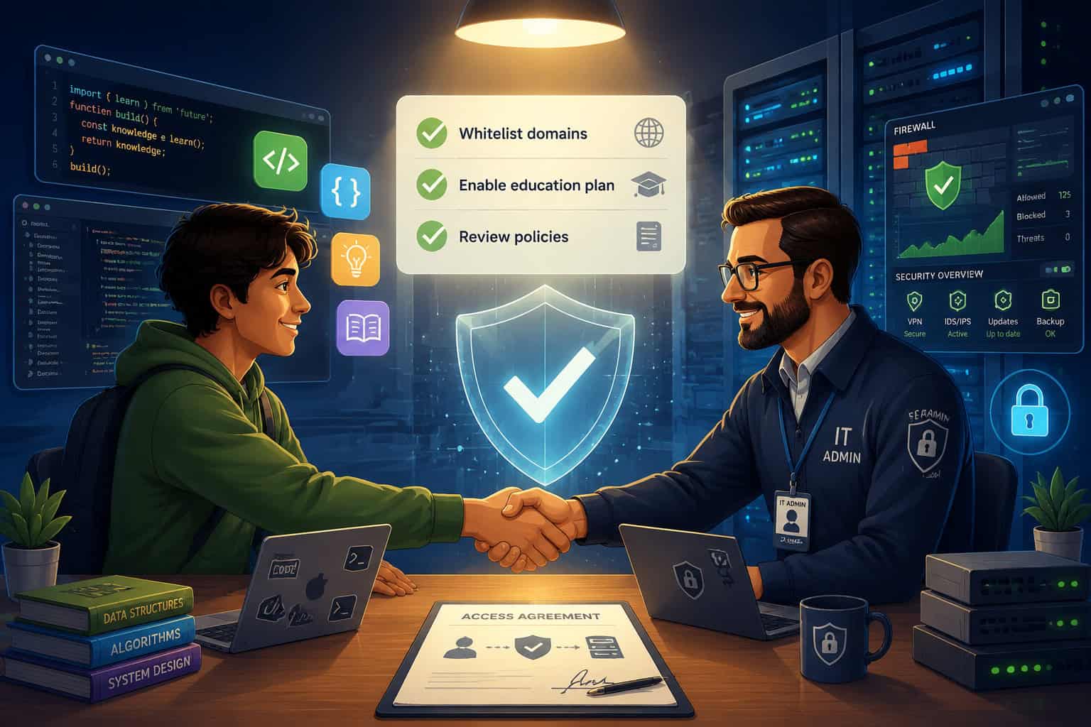 Detailed () conceptual illustration of a student and IT administrator shaking hands across a table, with a transparent