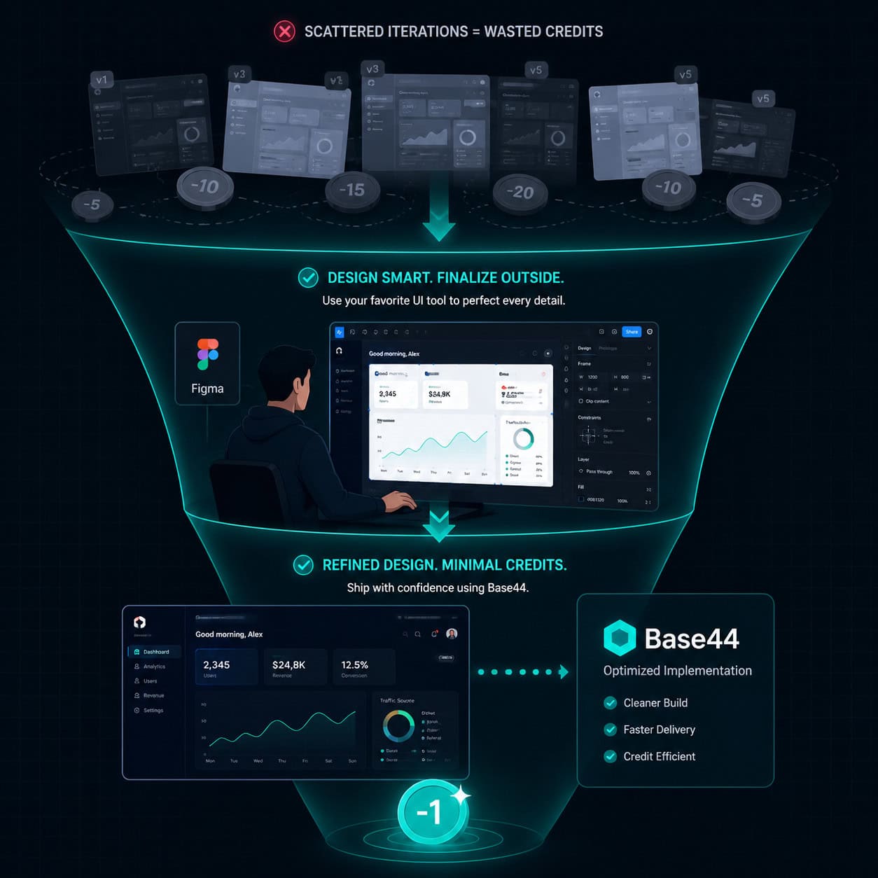 Detailed () conceptual illustration of a workflow optimization funnel for Base44 credit conservation. Top of funnel shows