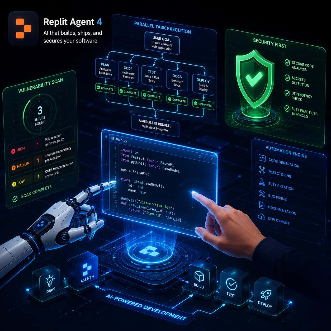 Detailed () conceptual illustration showing Replit Agent 4 AI capabilities: a robotic hand and human hand collaborating on a