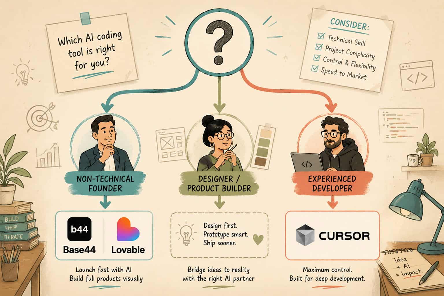 Detailed () conceptual illustration showing a decision flowchart for choosing between AI coding tools. A central question