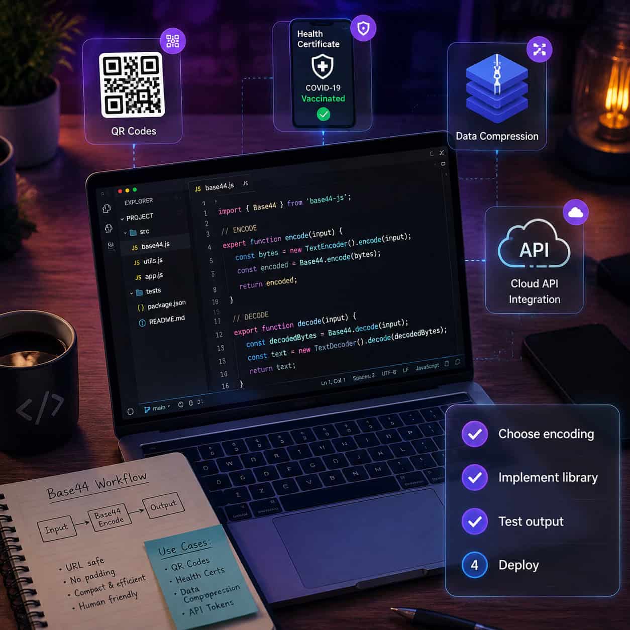 Detailed () conceptual illustration showing a developer's workspace with a laptop screen displaying code for Base44 decode