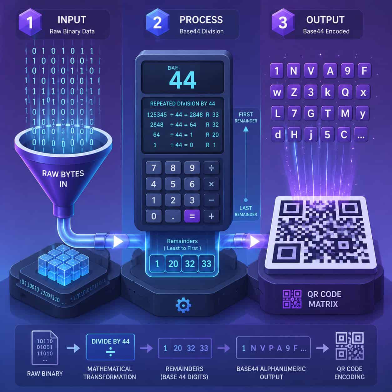 Detailed () conceptual illustration showing the step-by-step Base44 encoding process as a visual pipeline. Three distinct
