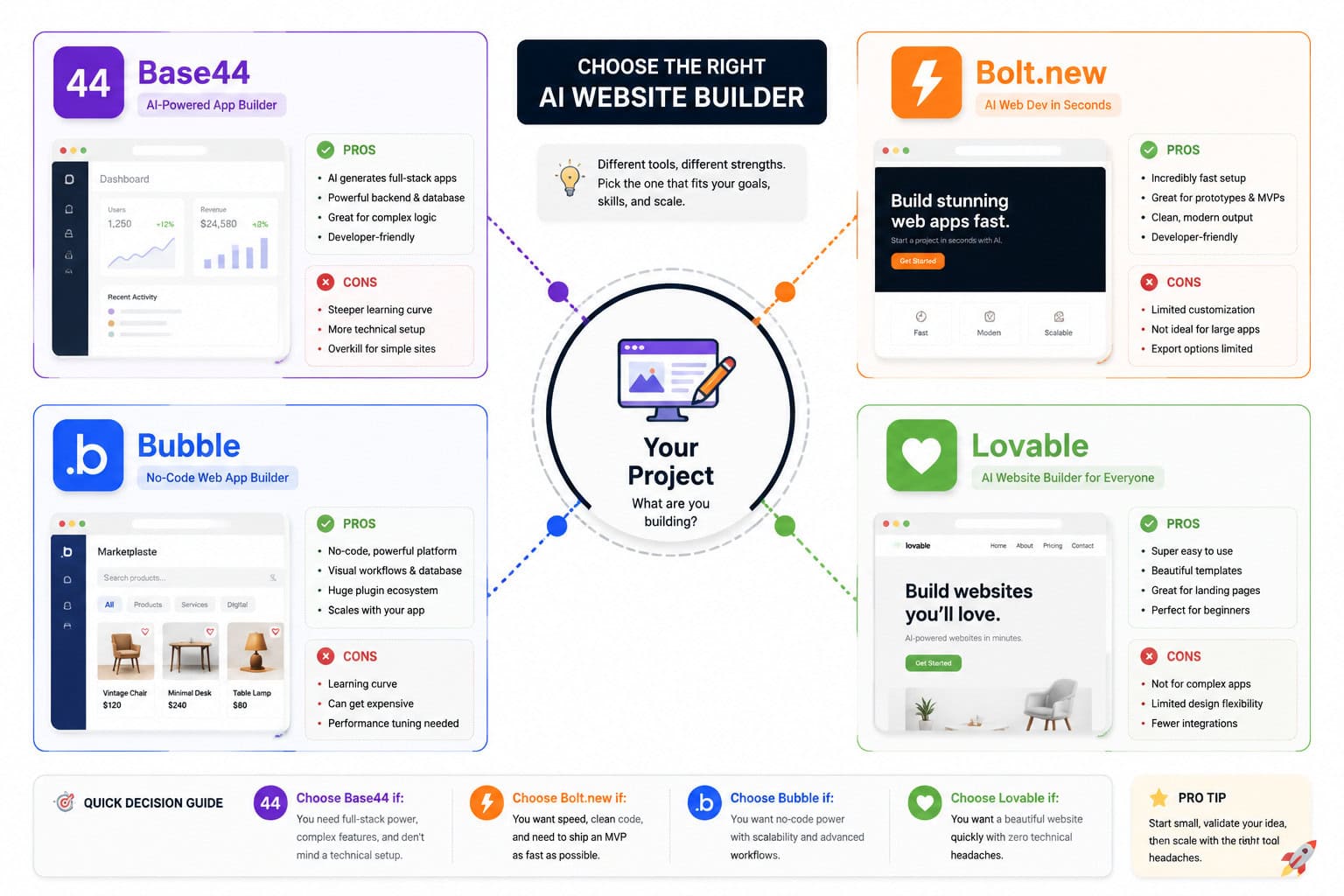 Detailed () conceptual infographic-style illustration showing a decision flowchart for choosing between AI website builders.