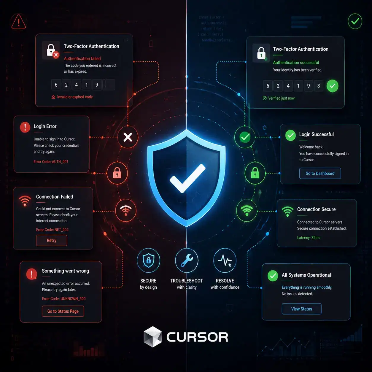 Detailed () illustration of a security and troubleshooting concept for Cursor AI: a shield icon with a checkmark in the