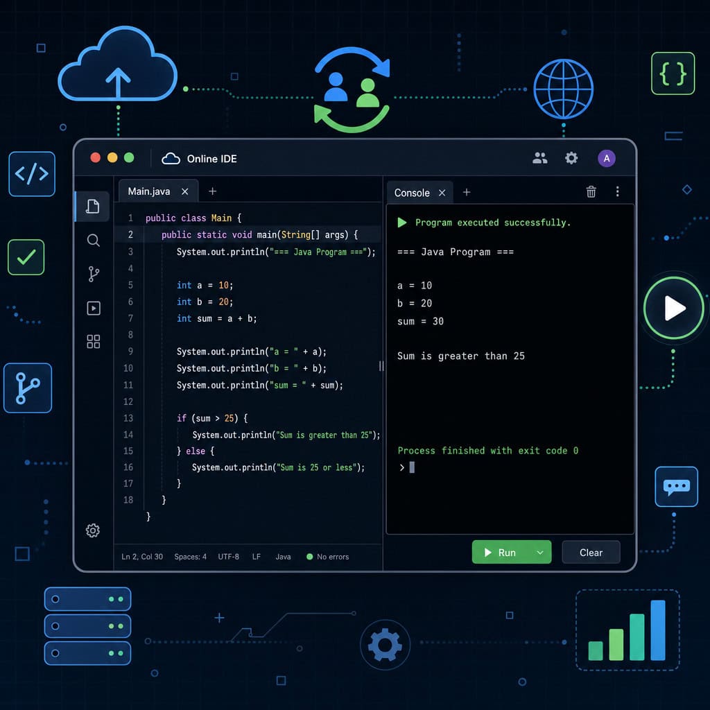 Detailed () illustration of a split-screen browser window showing Replit's IDE on the left with Java code (public static