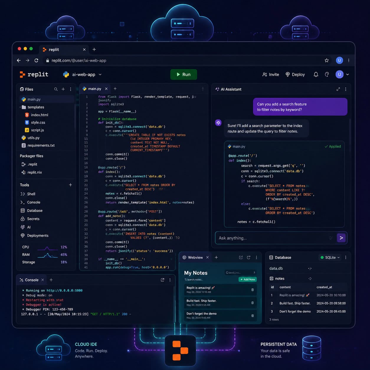 Detailed () illustration of the Replit workspace interface concept: a single browser tab containing multiple panels showing