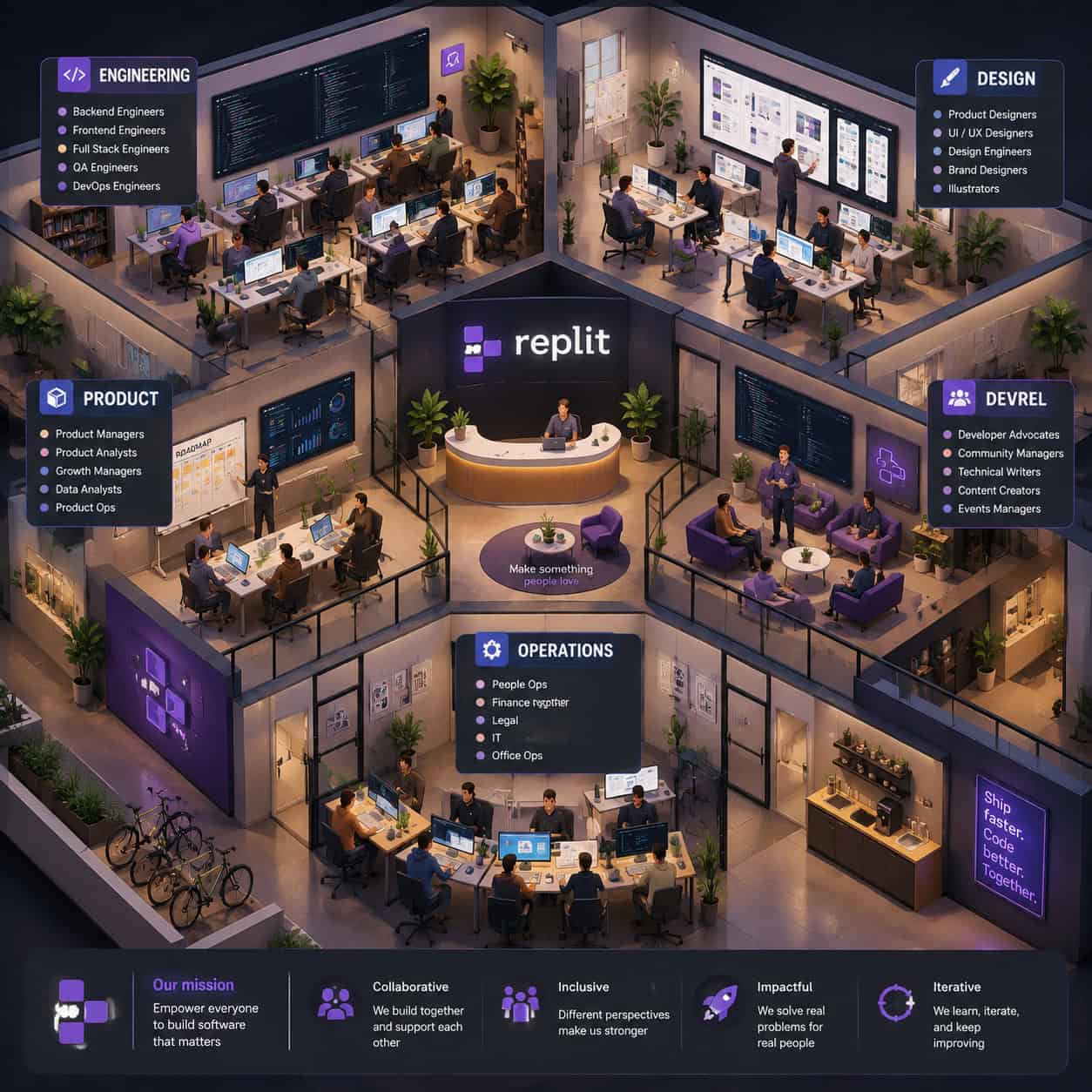 Detailed () illustration showing a bird's-eye view of a modern tech company office floor plan with labeled departments: