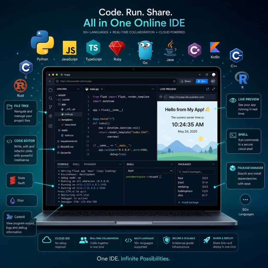 Detailed () illustration showing a laptop screen with Replit's browser-based IDE interface, featuring a file tree on the