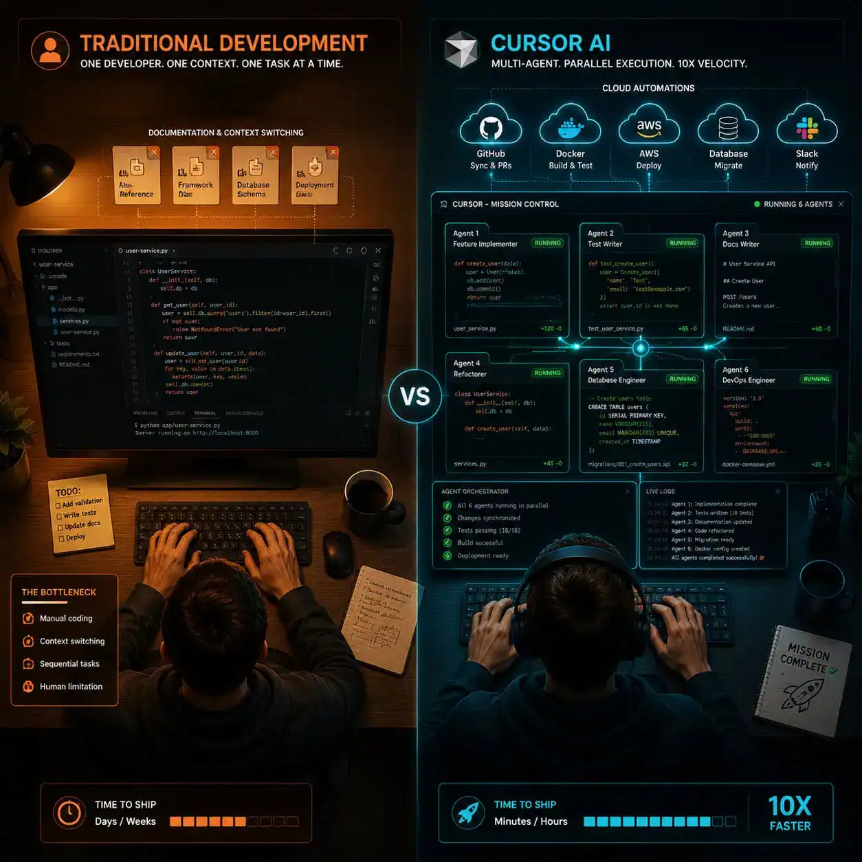 Detailed () illustration showing a split-screen comparison: left side depicts a traditional code editor with a single