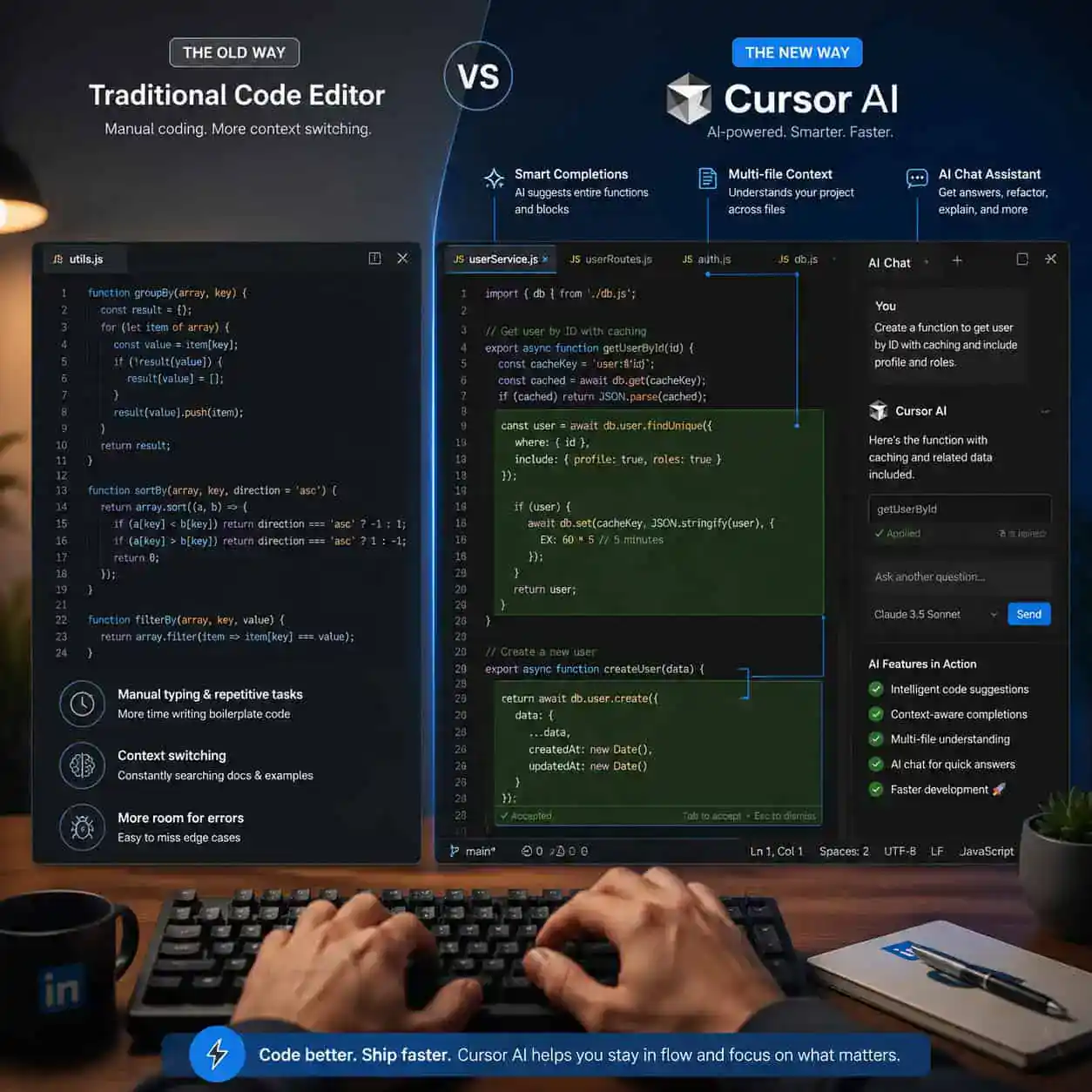 Detailed () illustration showing a split-screen comparison: left side displays a traditional code editor with plain text and