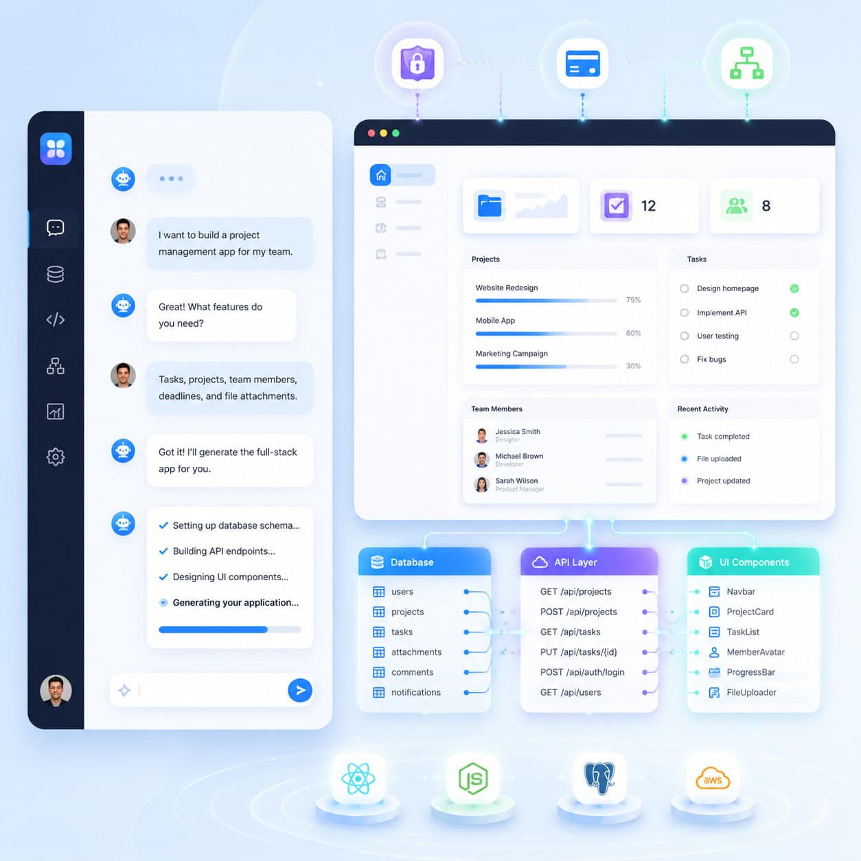 Detailed () illustration showing the Base44 AI app builder interface concept: a chat window on the left with plain English