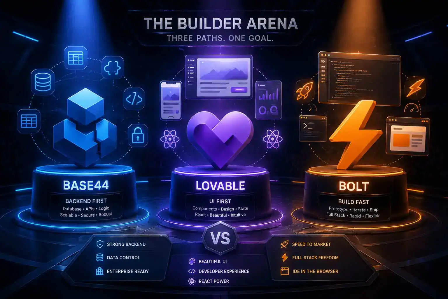 Detailed () illustration showing three distinct platform logos represented as abstract geometric shapes on pedestals in a