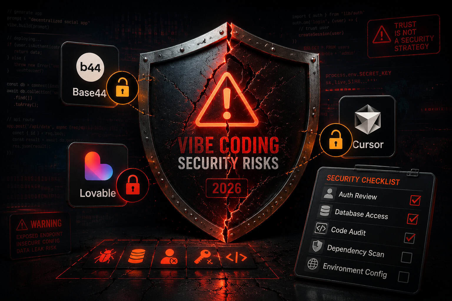 Detailed () image depicting a security shield cracked in the center with warning symbols, representing vibe coding security