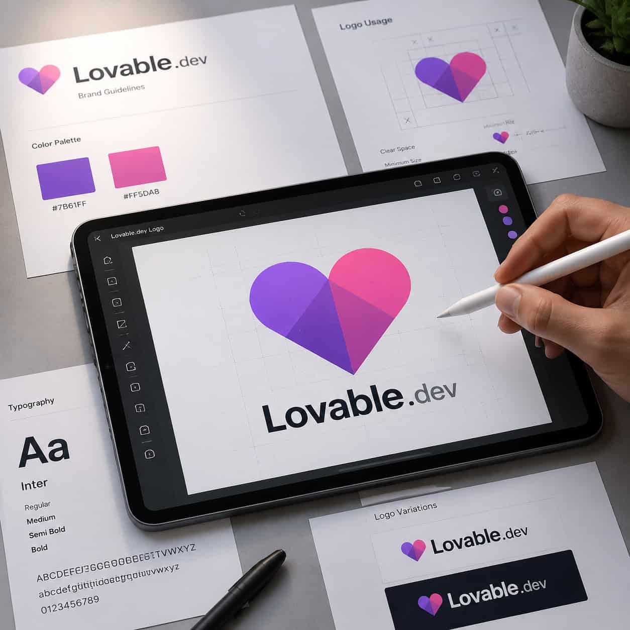 Detailed () image showing a close-up of a minimalist AI-themed logo design process on a digital tablet screen, with a stylus