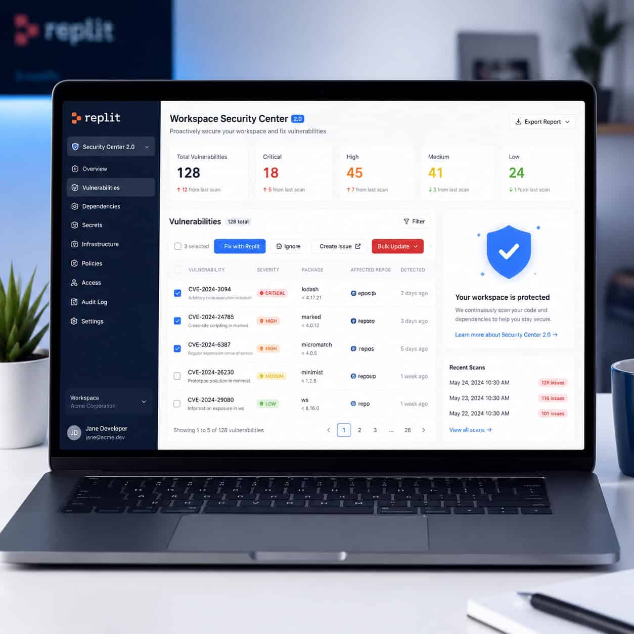 Detailed () image showing a security dashboard interface mockup for Replit Workspace Security Center 2.0 on a laptop screen,