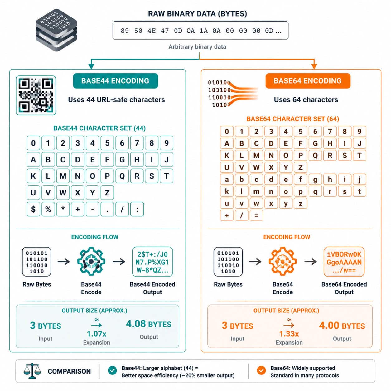 Detailed () infographic-style illustration showing a side-by-side visual comparison of Base44 vs Base64 encoding character