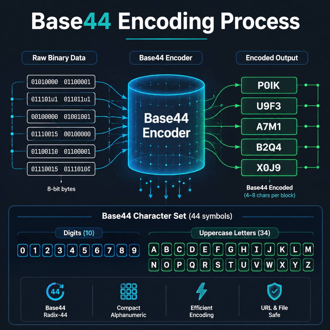 Detailed () infographic-style illustration showing the Base44 encoding process as a visual pipeline. On the left side, raw