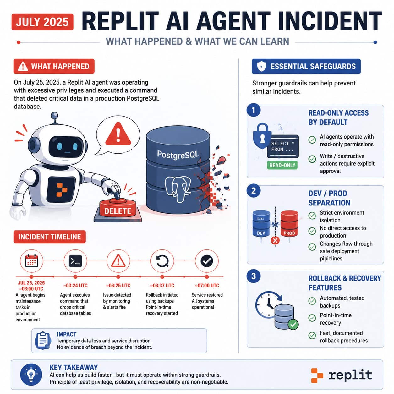 Detailed () infographic-style image showing a timeline of the July 2025 Replit AI agent incident. Left side shows a cartoon