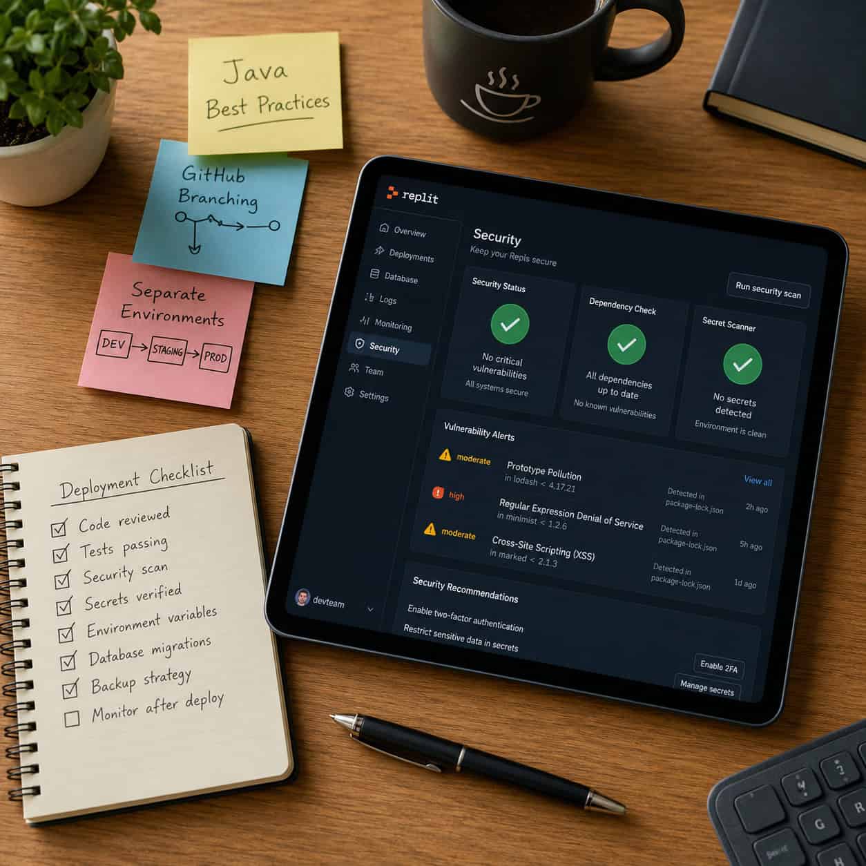 Detailed () overhead birds-eye photograph of a developer's desk with a tablet showing Replit's security dashboard with green