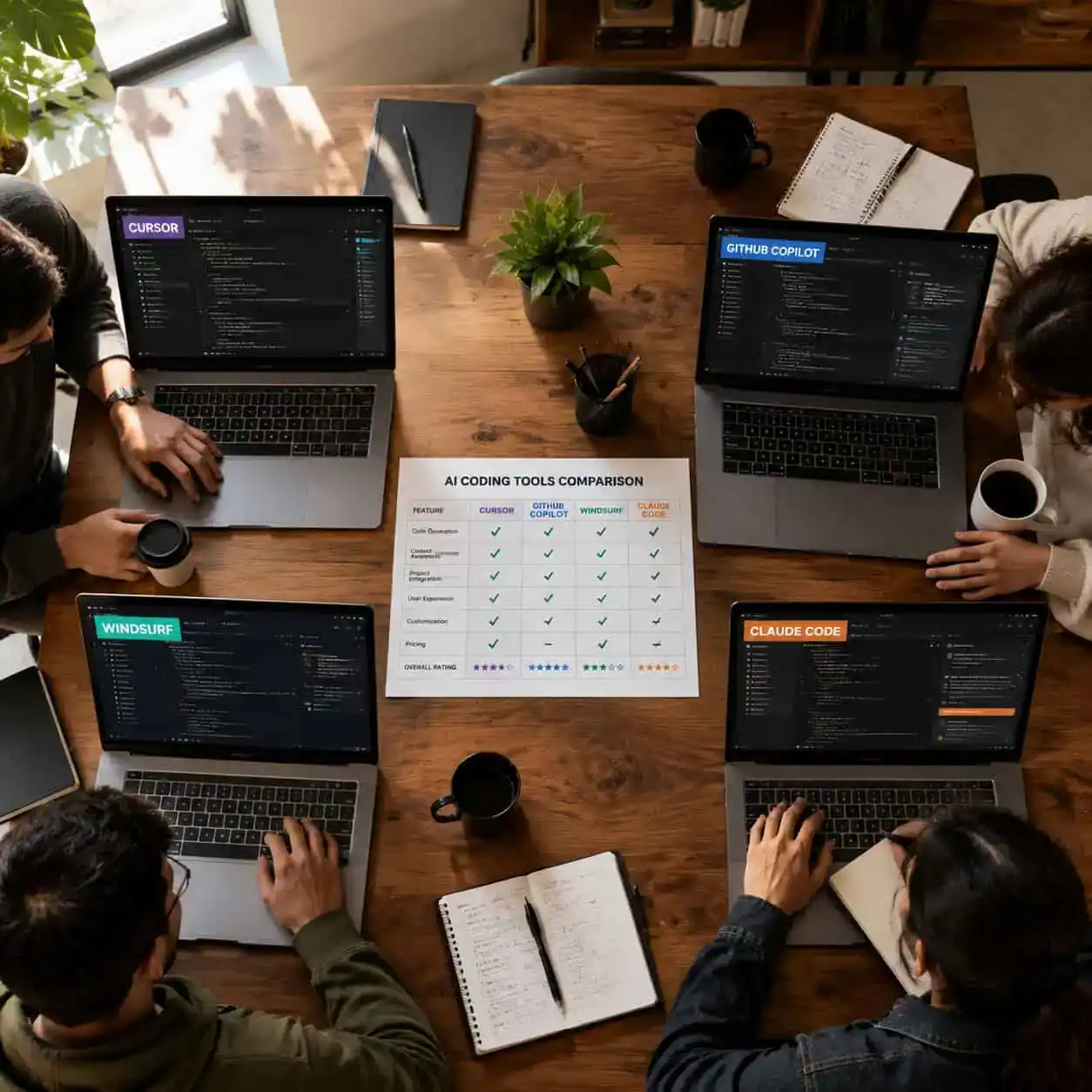 Detailed () overhead birds-eye view of a professional team workspace with four different screens visible on a large