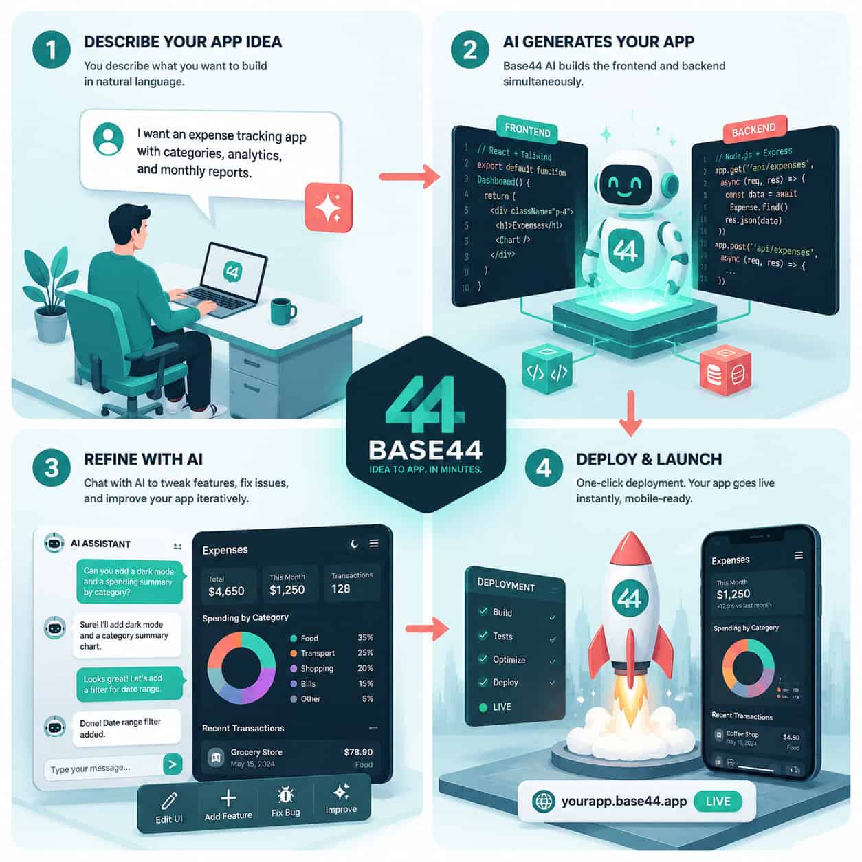 Detailed () step-by-step workflow diagram showing the Base44 app creation process from start to finish: Step 1 shows a