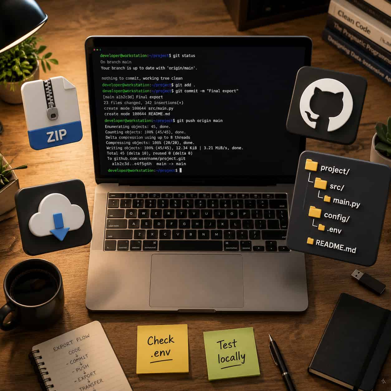 Detailed () top-down view of a developer desk workspace with a laptop screen showing a terminal running git commands.