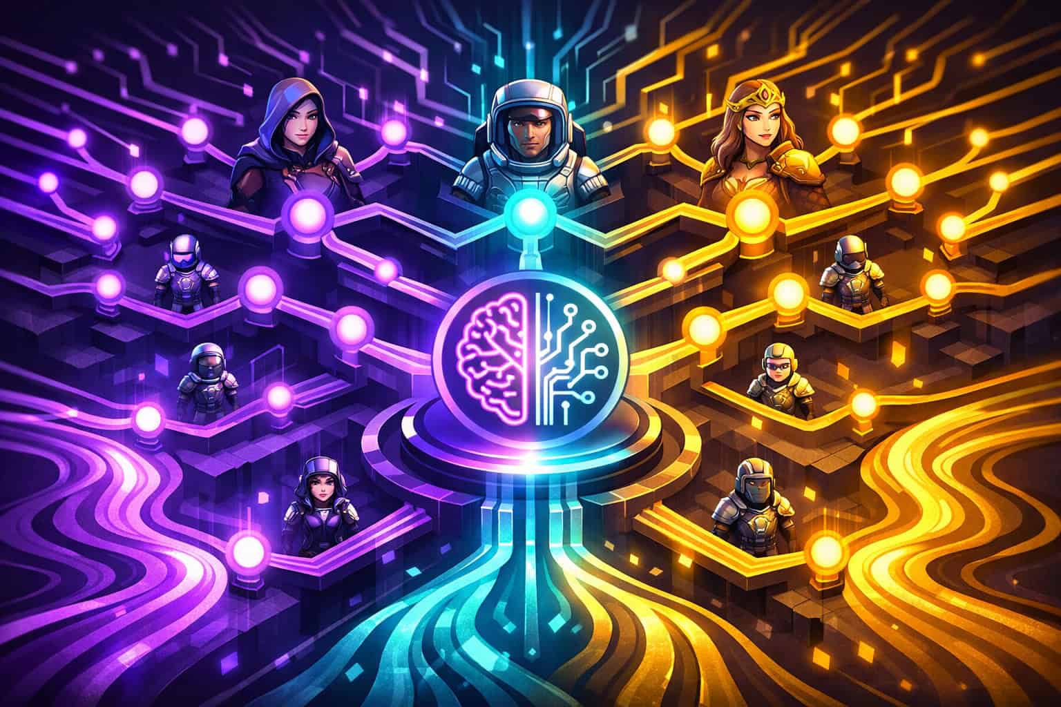 Dynamic isometric 3D illustration showing a branching narrative tree structure with glowing nodes representing story