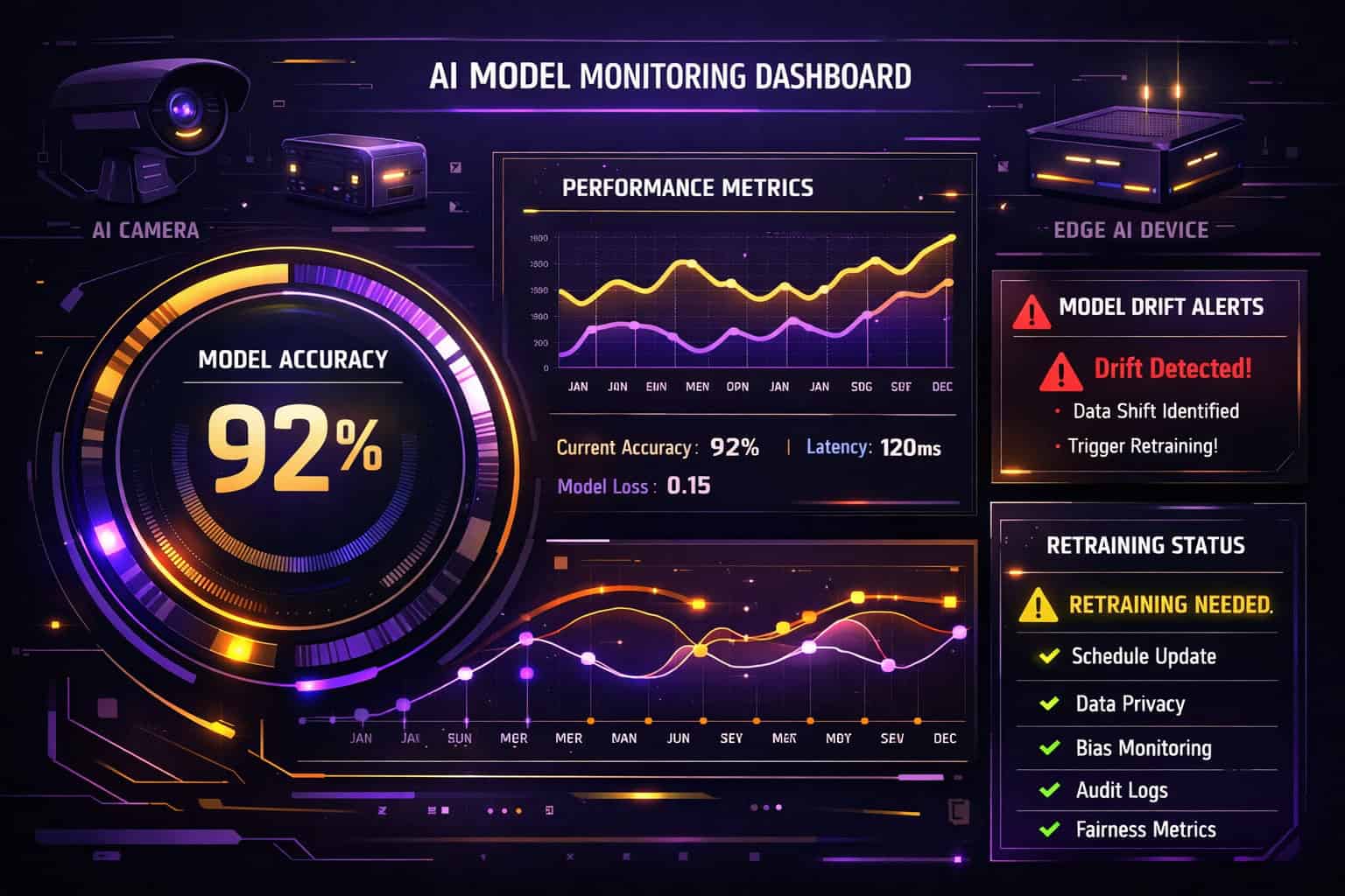 Futuristic visualization of AI model monitoring dashboard showing real-time performance graphs, model drift detection