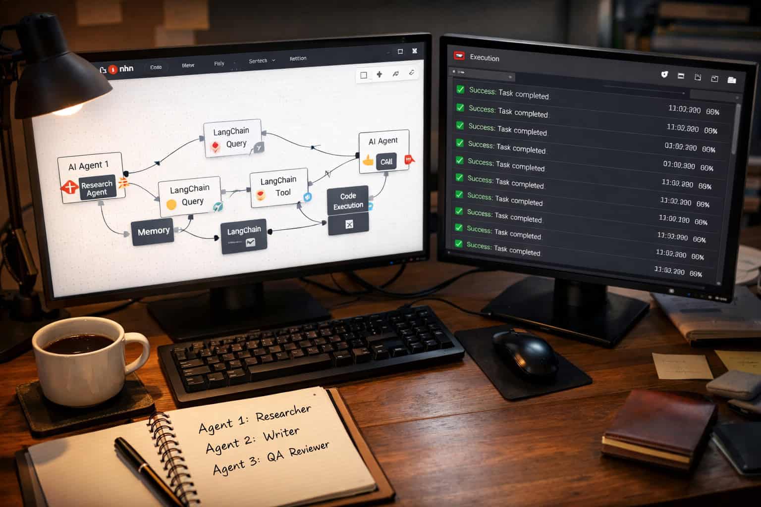 Landscape () bird's-eye view of a developer's dual-monitor workstation showing the n8n canvas interface with a live